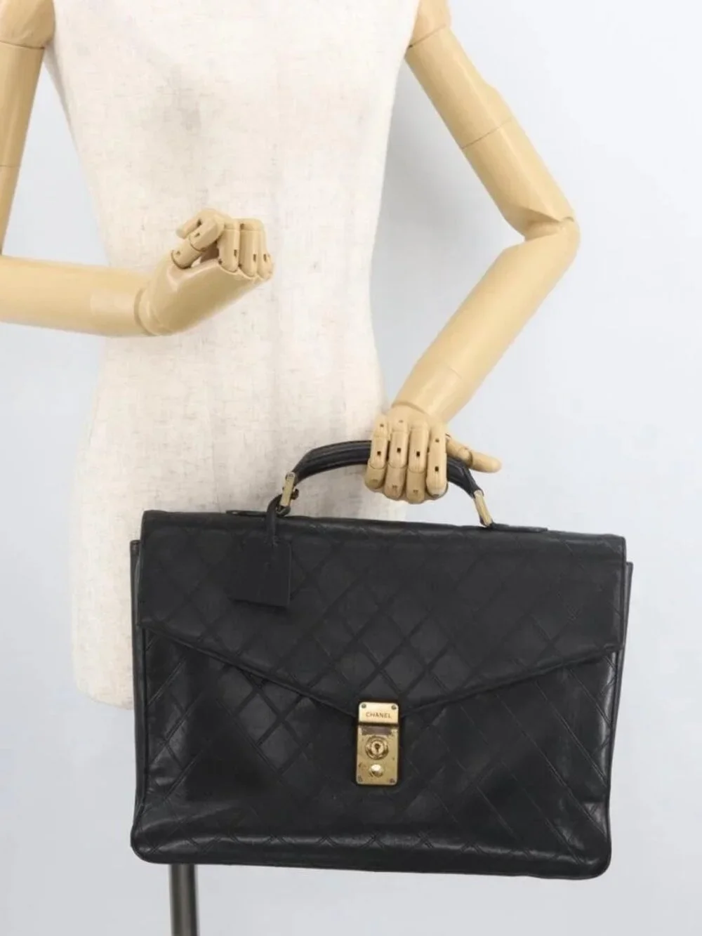 CHANEL Bicolore Business Bag Leather Black Gold CC Auth bs35400